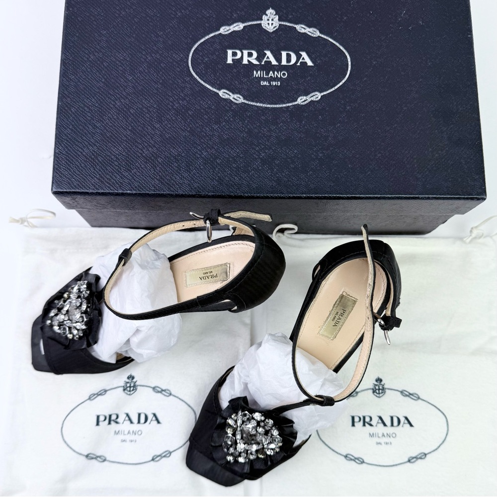 PRADA Black Strappy Heel with Silver and Crystal Rosette 38